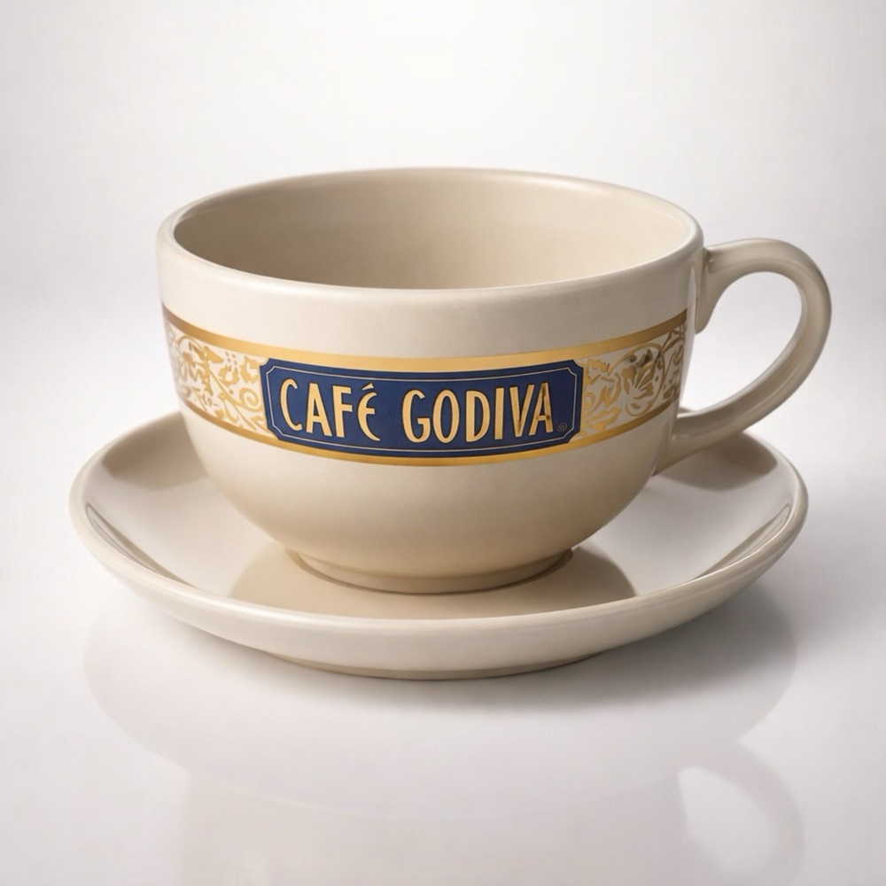 Vintage Cafe Godiva 18oz ceramic mug and saucer set by California Pantry. 2004
